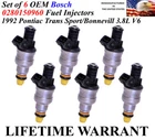 Set Of 6 Genuine Bosch Fuel Injectors For 1992 Pontiac Trans Sport Bonnevill 3.8 Remanufactured. Price: $175.00.